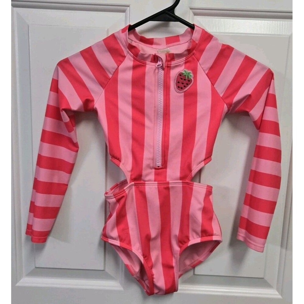 Cat & Jack Girls Small Pink Red Striped Long Sleeve Cutout Swimsuit
